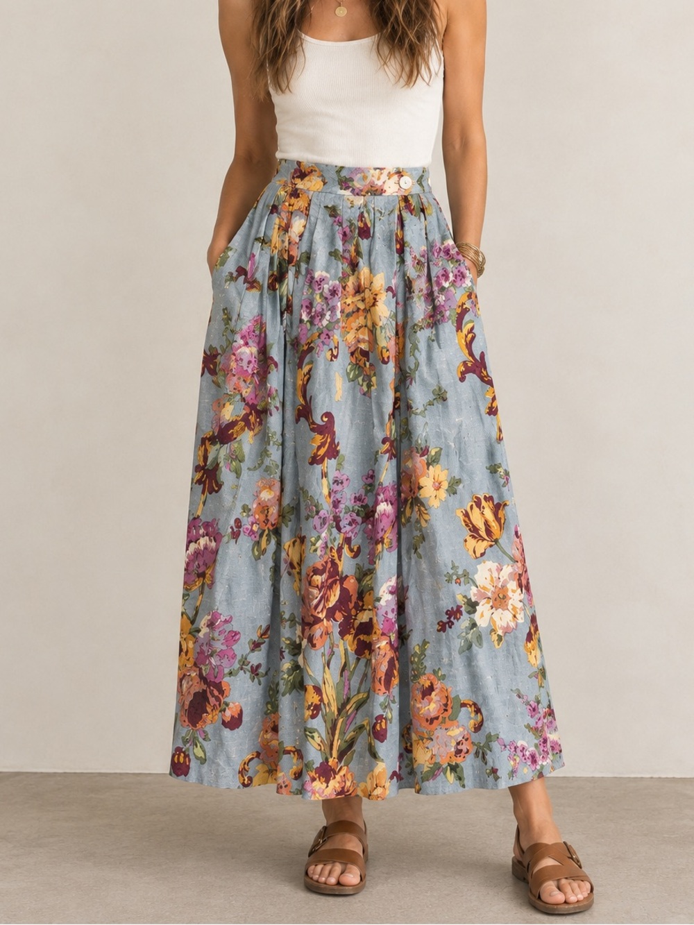VTG Banana Republic Safari & Travel Floral Linen Cotton Midi Skirt SZ 12 Pleated